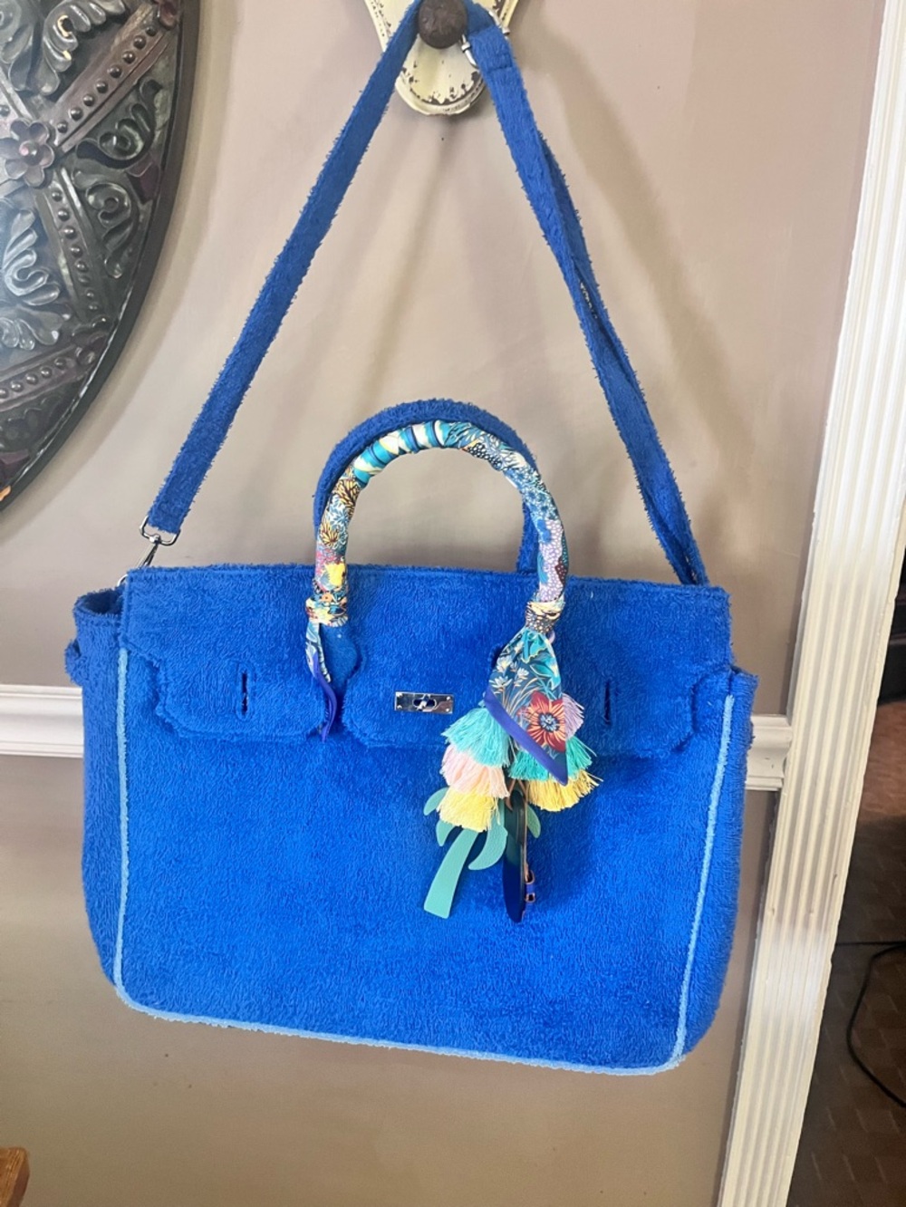 Beach Haus Blue Terry cloth Women’s Tote Bag with Tassel Accent